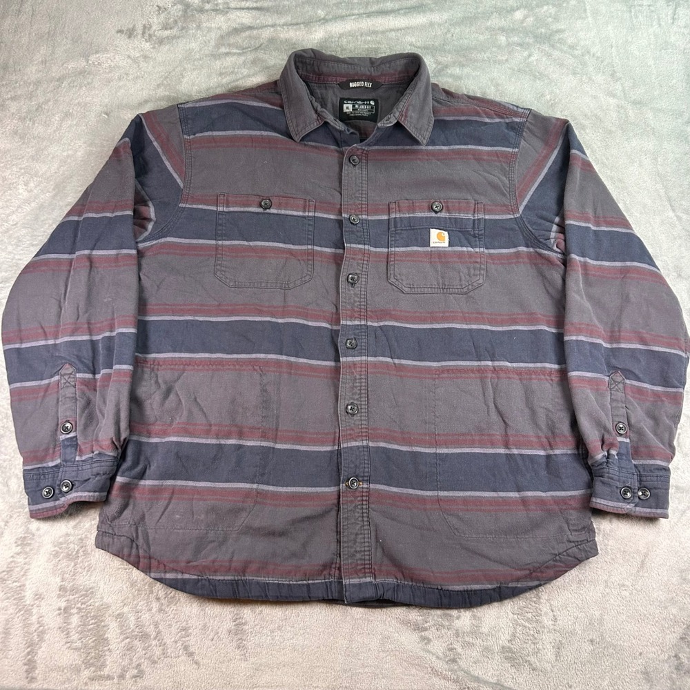 Carhartt Rugged Flex Fleece Lined Shirt Jacket Mens XL Relaxed Fit Striped Navy